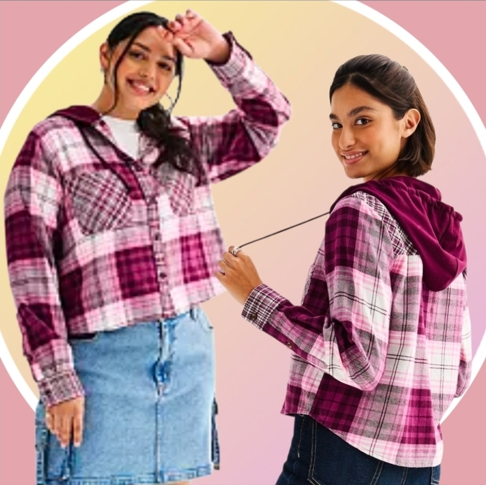 NWT 1XL Cropped Plaid Button Up Hoodie w 2 Pockets & High Low Hemline